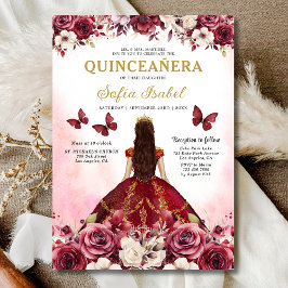 Invitación Floral Burgundy Gold Bilingüe Español Quinceanera