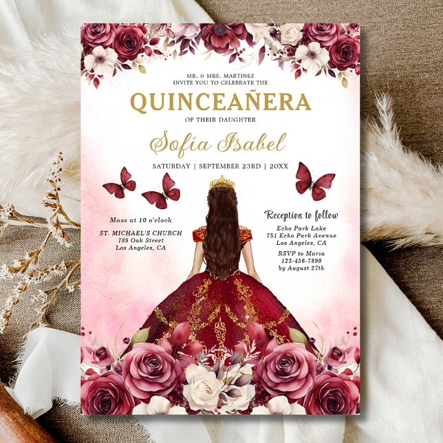 Invitación Floral Burgundy Gold Bilingüe Español Quinceanera (Subido por el creador)