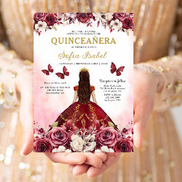 Invitación Floral Burgundy Gold Bilingüe Español Quinceanera