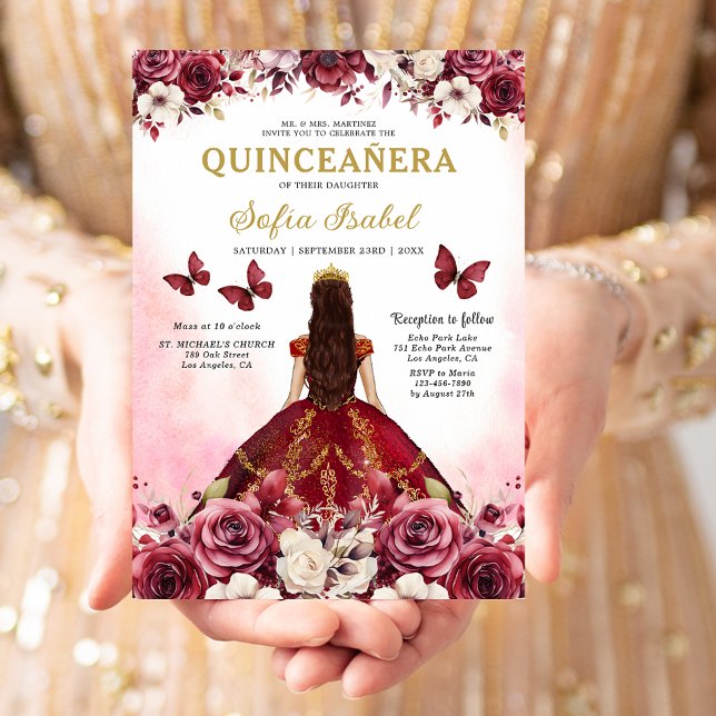 Invitación Floral Burgundy Gold Bilingüe Español Quinceanera (Subido por el creador)