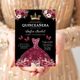 Invitación Floral Burgundy Gold Bilingüe Español Quinceanera
