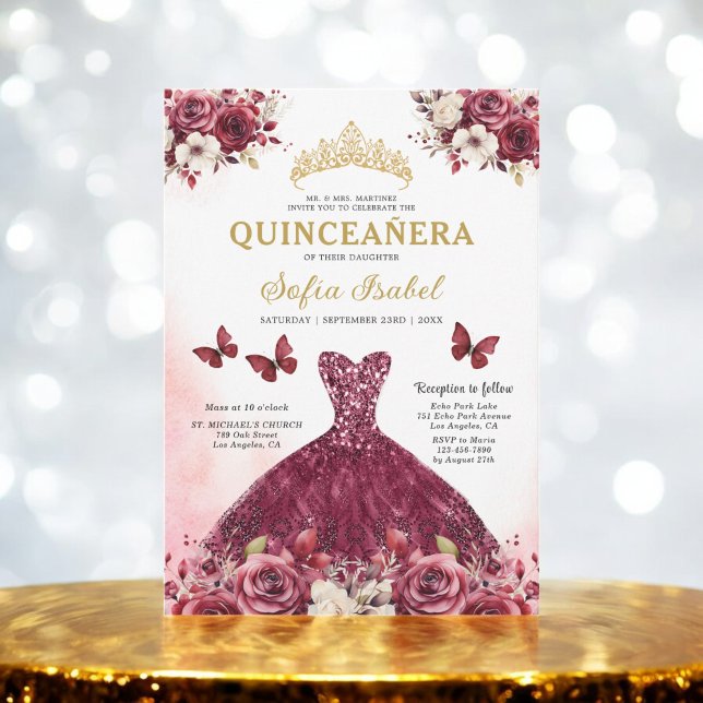 Invitación Floral Burgundy Gold Bilingüe Español Quinceanera (Subido por el creador)