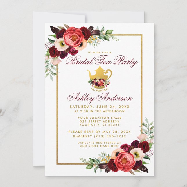 Invitación Floral Burgundy Gold Boho Bridal Shower Tea Fiesta (Anverso)