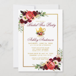 Invitación Floral Burgundy Gold Boho Bridal Shower Tea Fiesta