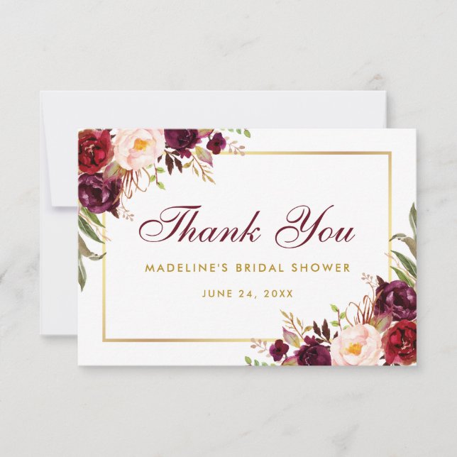 Invitación Floral Burgundy Gold Bridal Shower Gracias B (Anverso)