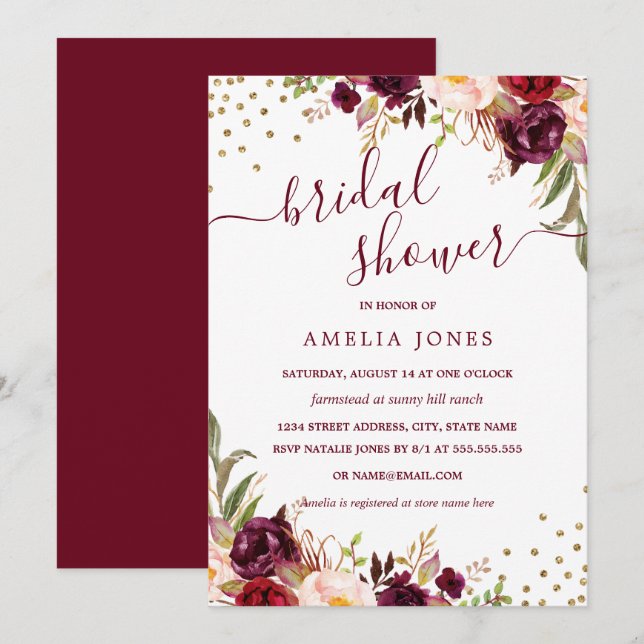 Invitación Floral Burgundy Gold Confetti Bridal Shower (Anverso / Reverso)