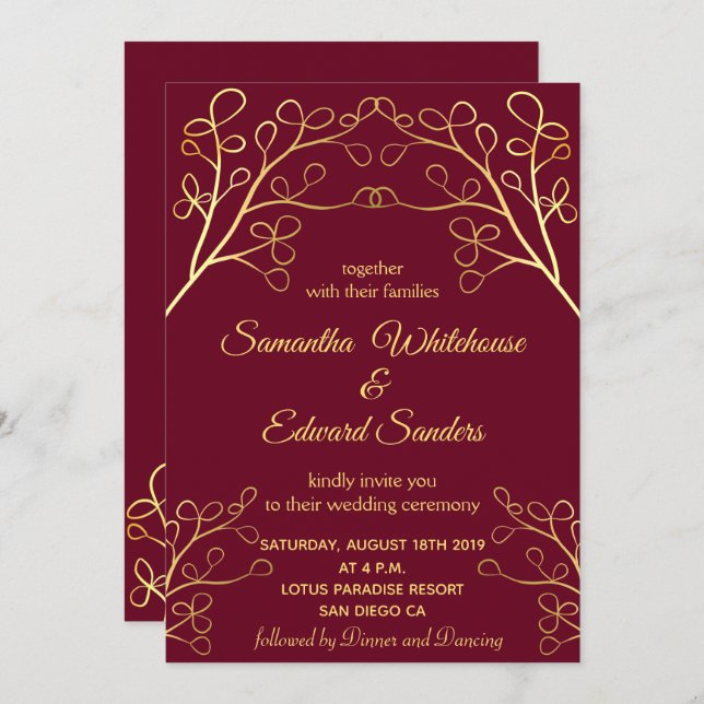 Invitación Floral Burgundy Gold Elegant Wedding (Anverso / Reverso)