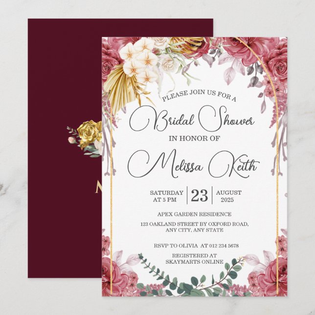 Invitación Floral Burgundy Gold Eucalyptus Bridal Shower (Anverso / Reverso)