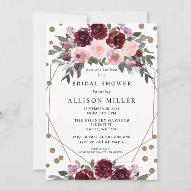 Invitación Floral Burgundy Gold Geometric Bridal Shower (Anverso)