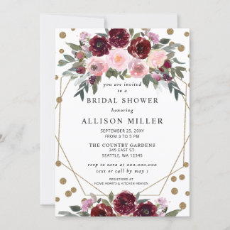 Invitación Floral Burgundy Gold Geometric Bridal Shower