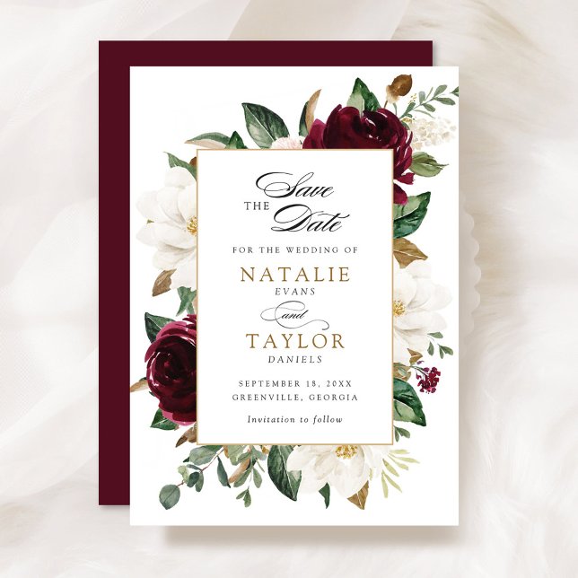 Invitación Floral Burgundy Gold Magnolia Elegante Save Date (Subido por el creador)