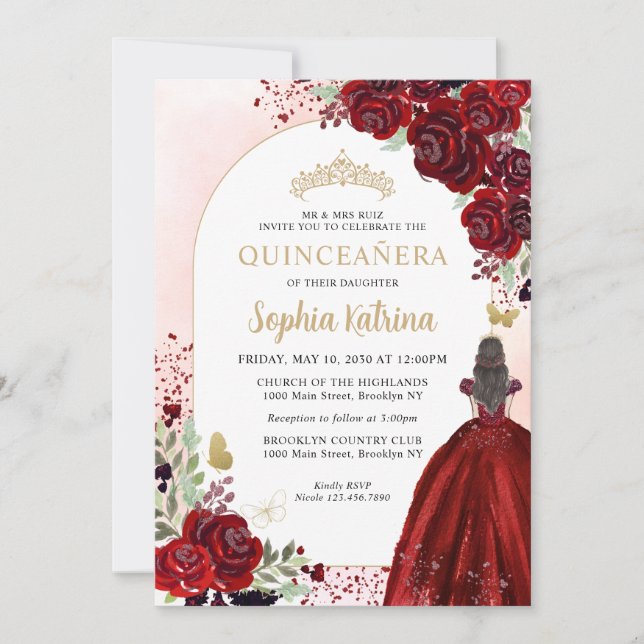 Invitación Floral Burgundy Gold Princess Birthday Quinceanera (Anverso)