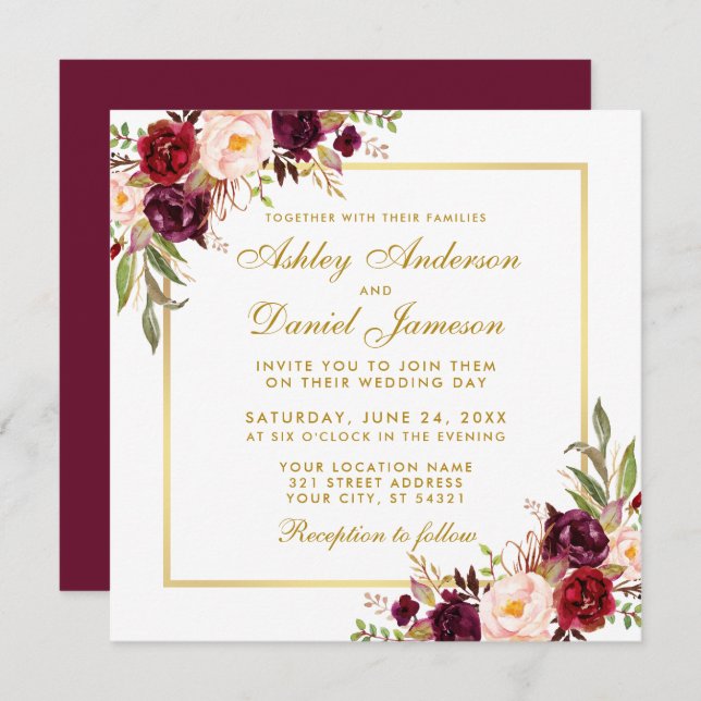 Invitación Floral Burgundy Gold Wedding Invite Card G (Anverso / Reverso)