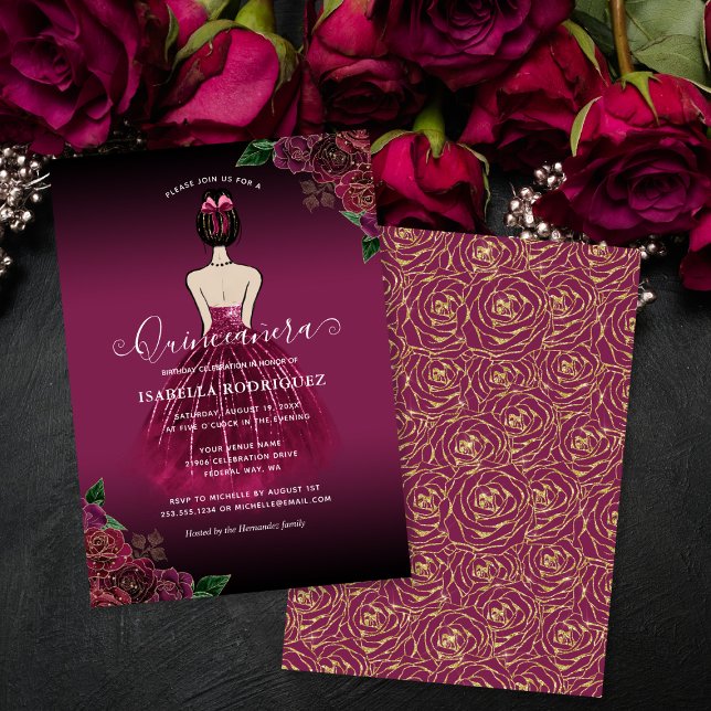 Invitación Floral Burgundy Princess Gold Birday Quinceañera (Floral Burgundy Princess Gold Birthday Quinceañera Invitation)