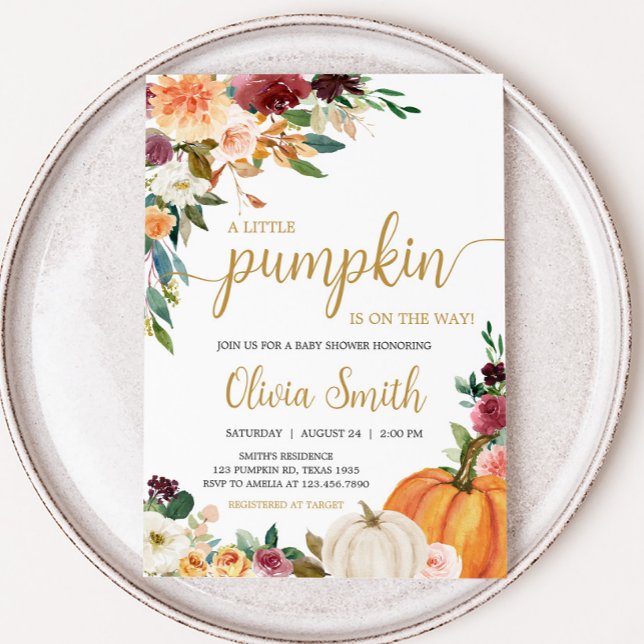 Invitación Floral Burgundy Pumpkin Baby Shower (Pumpkin Baby Shower Invitation)