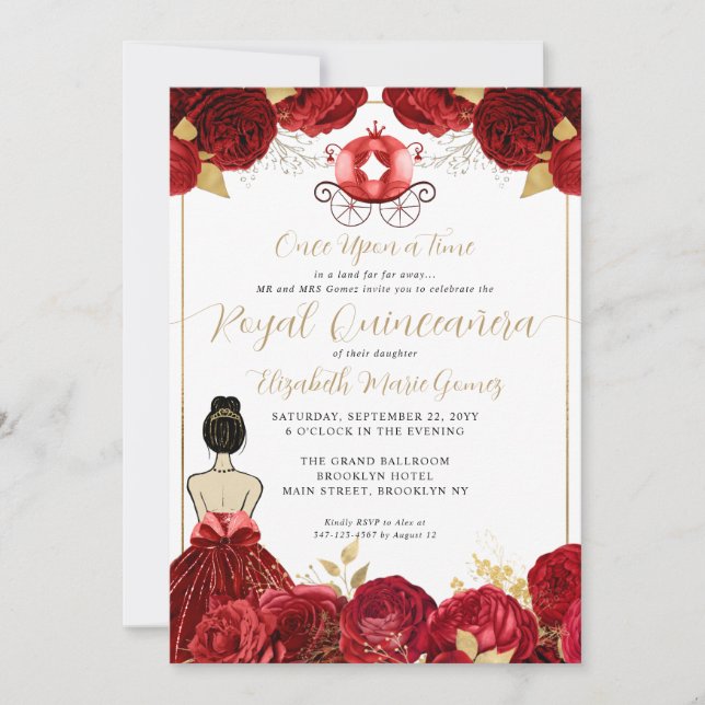 Invitación Floral Burgundy Red Cinderella Royal Quinceanera (Anverso)