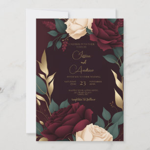 Invitación Floral Burgundy Red Cream Rosas Weding de lujo