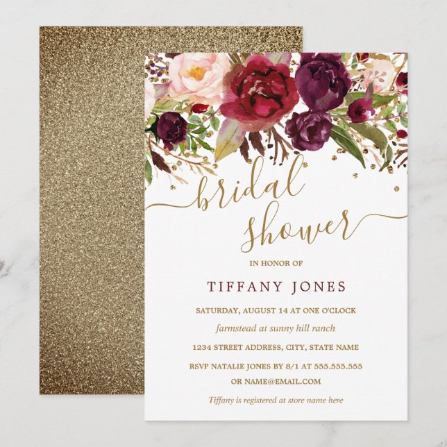 Invitación Floral Burgundy Red Gold Confetti Bridal Shower (Anverso / Reverso)