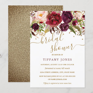 Invitación Floral Burgundy Red Gold Confetti Bridal Shower