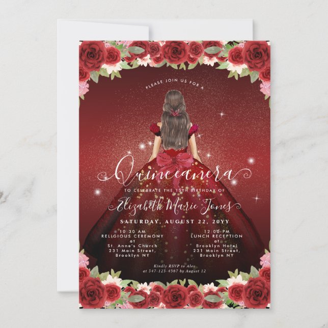 Invitación Floral Burgundy Red Gold Glam Princesa Quinceanera (Anverso)