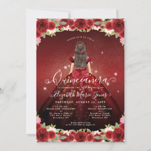 Invitación Floral Burgundy Red Gold Glam Princesa Quinceanera