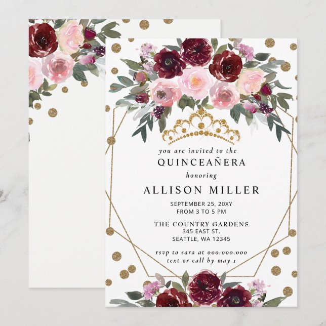Invitación Floral Burgundy Red Gold Purpurina Tiara QUINCEAÑE (Anverso / Reverso)