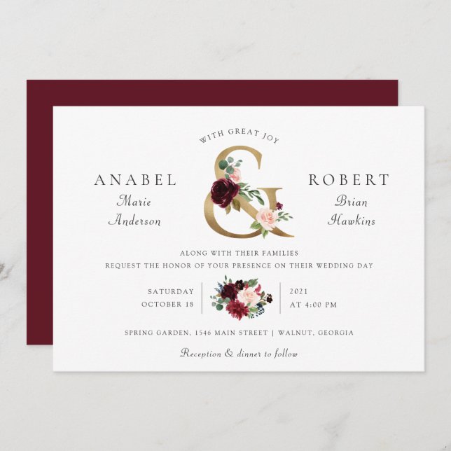 Invitación Floral Burgundy Rubor Gold Ampersand Typography (Anverso / Reverso)