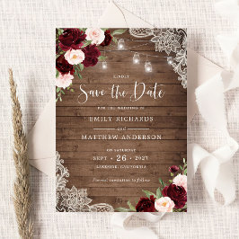 Invitación Floral Burgundy Rubor Lace Wood Save the Date