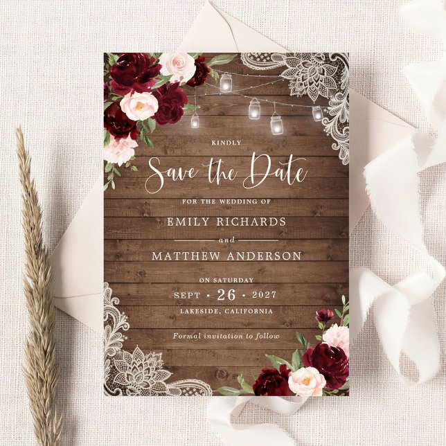 Invitación Floral Burgundy Rubor Lace Wood Save the Date (Subido por el creador)