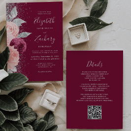 Invitación Floral Burgundy Rubor Silver Boda de código QR