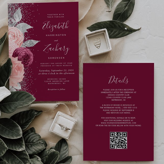 Invitación Floral Burgundy Rubor Silver Boda de código QR (Subido por el creador)