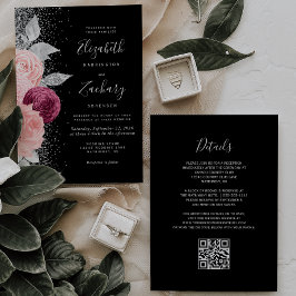Invitación Floral Burgundy Rubor Silver negro Boda de código