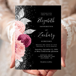 Invitación Floral Burgundy Rubor Silver Purpurina Boda negro