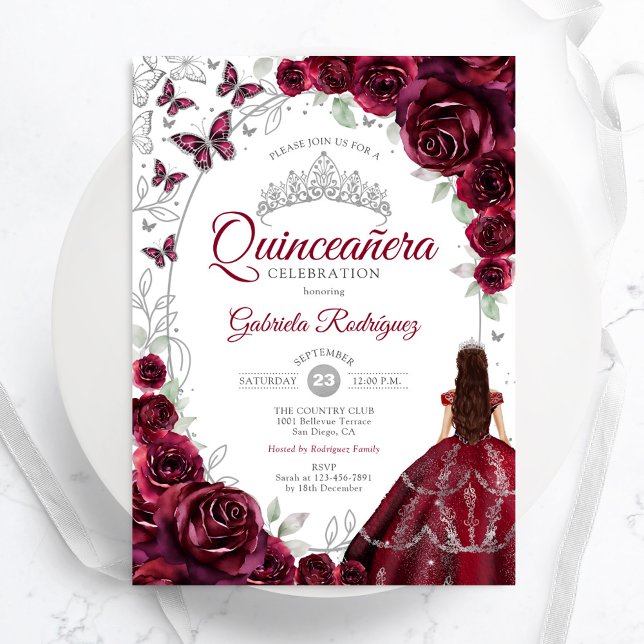 Invitación Floral Burgundy Silver Quinceanera (Subido por el creador)