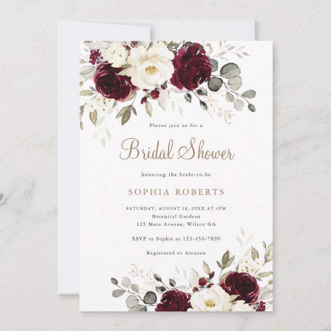 Invitación Floral Burgundy White Greenerenery Gold Bridal Sho (Anverso)