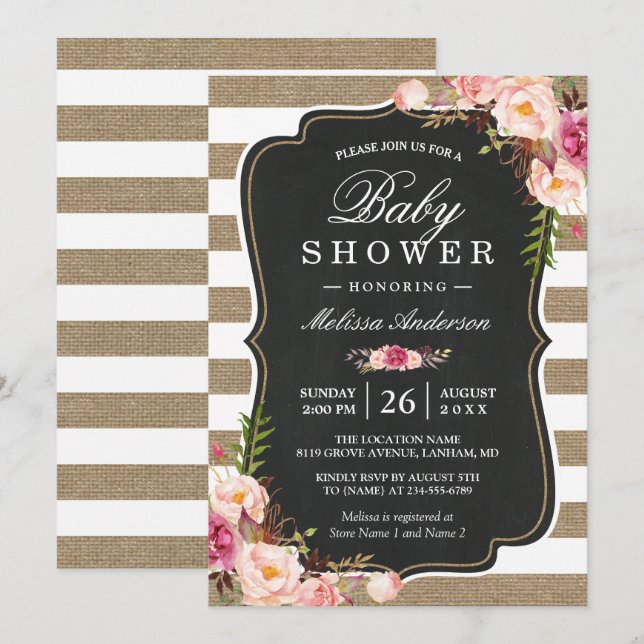 Invitación Floral Burlap Stripes Rustic Shabby Baby Shower (Anverso / Reverso)