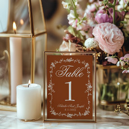 Invitación Floral Burnt Orange Old Money Wedding Table Number