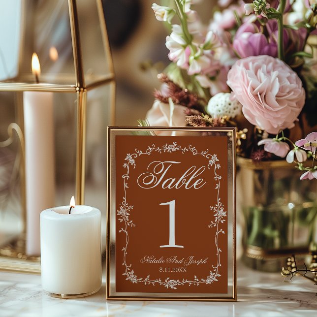 Invitación Floral Burnt Orange Old Money Wedding Table Number (Subido por el creador)
