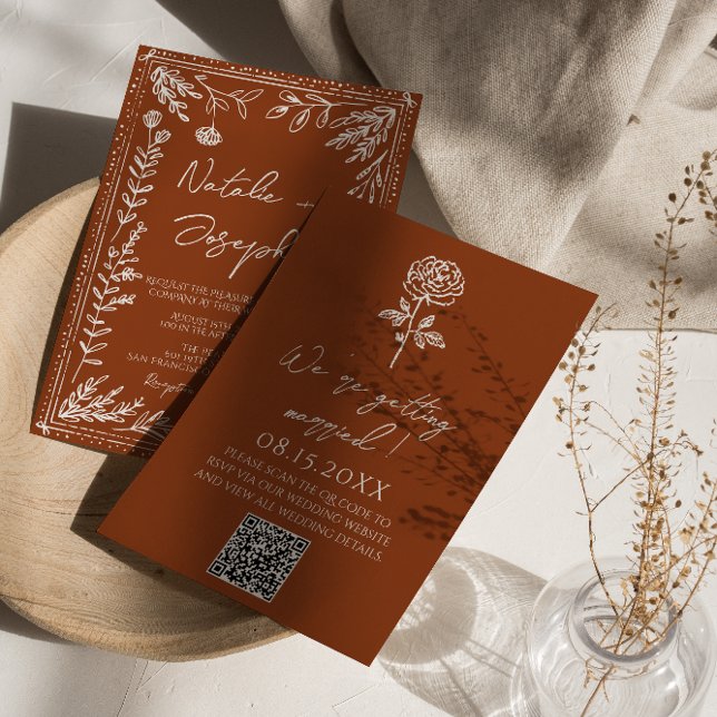 Invitación Floral Burnt Orange Terracotta QR Code Wedding (Subido por el creador)