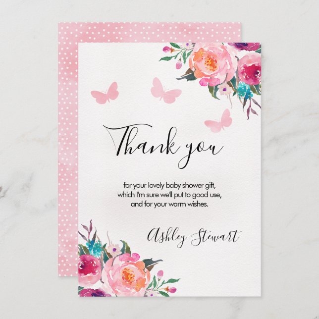 Invitación Floral Butterflies Baby Shower Gracias Chica de ta (Anverso / Reverso)