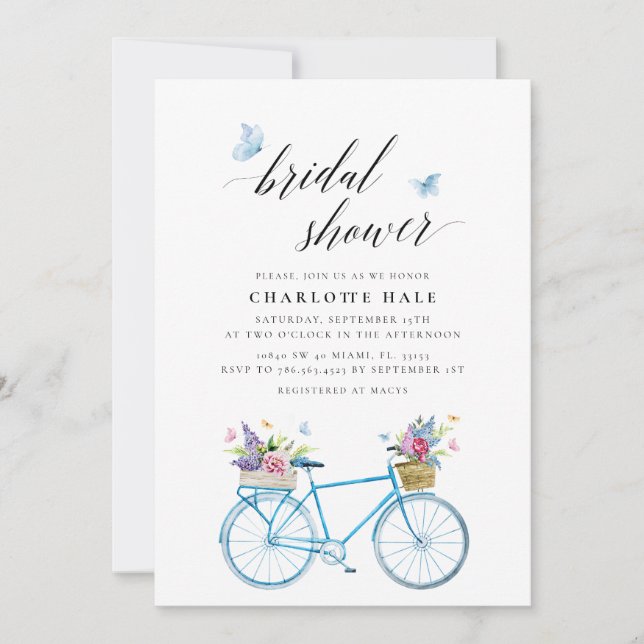 Invitación Floral Butterflies Blue Bridal Shower (Anverso)