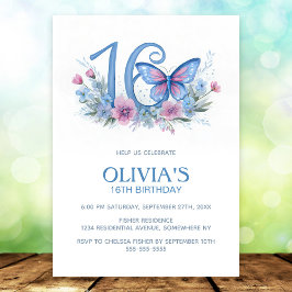 Invitación Floral Butterfly Blue 16th Birthday Party