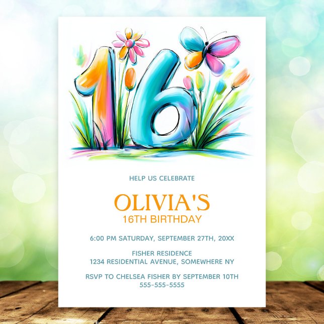 Invitación Floral Butterfly Blue Orange 16th Birthday Party (Subido por el creador)