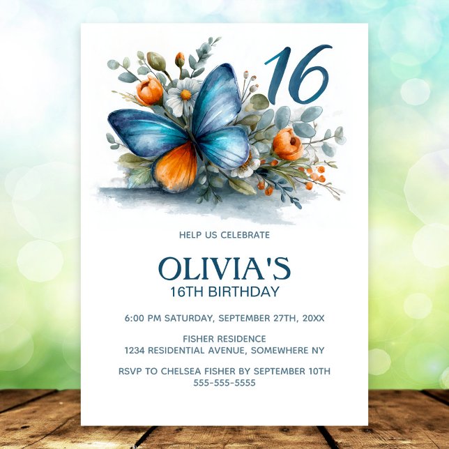 Invitación Floral Butterfly Blue Orange 16th Birthday Party (Subido por el creador)