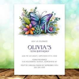 Invitación Floral Butterfly Blue Purple 16th Birthday Party