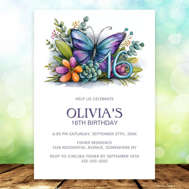 Invitación Floral Butterfly Blue Purple 16th Birthday Party (Subido por el creador)