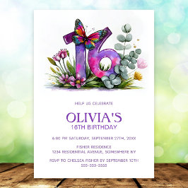 Invitación Floral Butterfly Purple Pink 16th Birthday Party