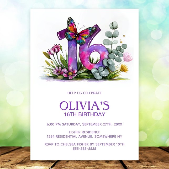Invitación Floral Butterfly Purple Pink 16th Birthday Party (Subido por el creador)