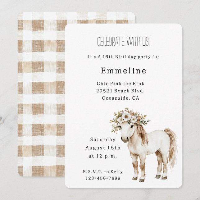 Invitación Floral Caballo Blanco Cumpleaños 16 (Anverso / Reverso)
