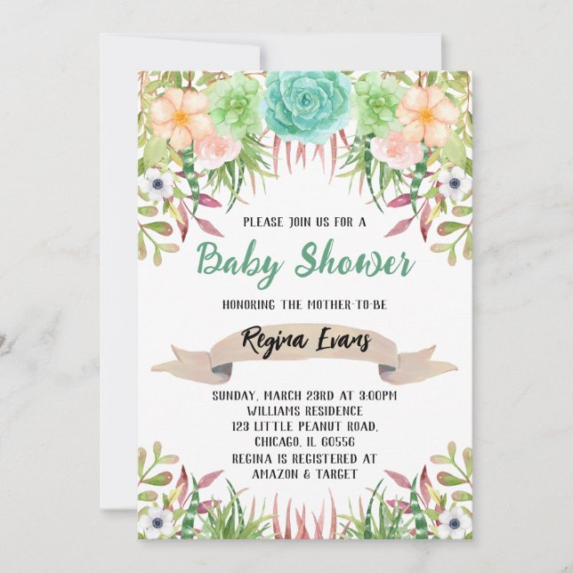 Invitación Floral Cactus Baby Shower (Anverso)